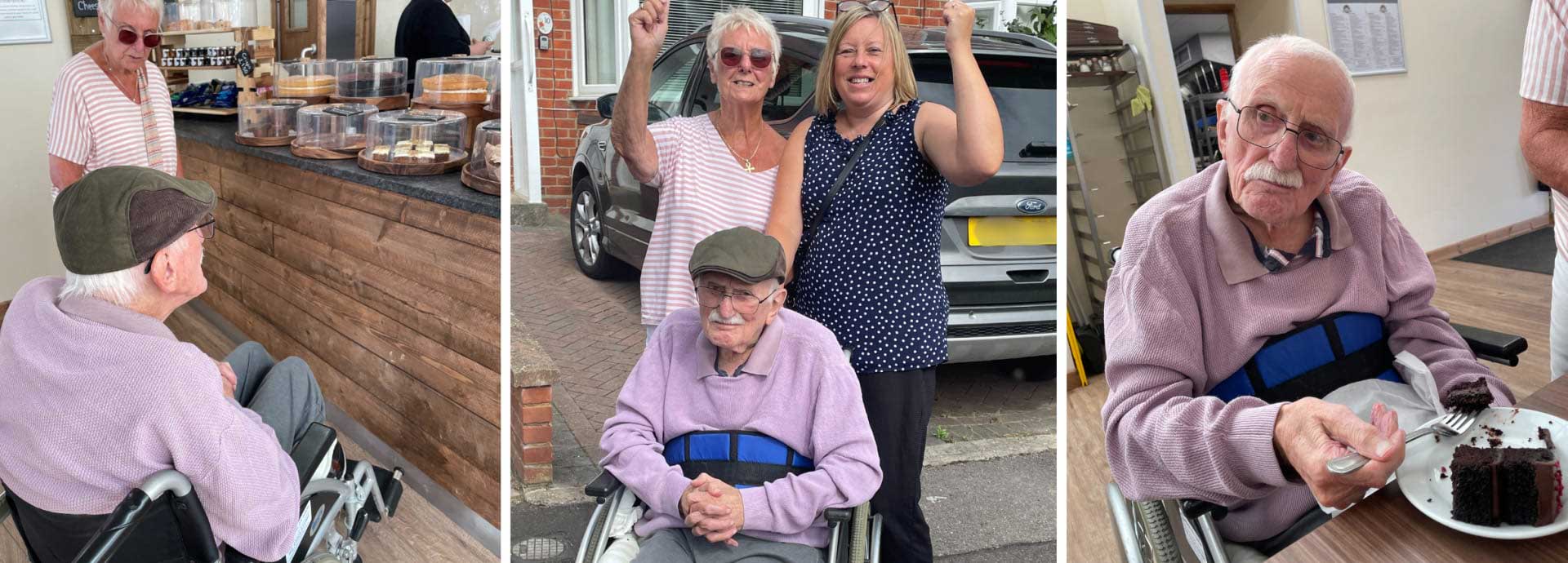 A montage of pics of Derrick, one sitting in a wheelchair looking at a cake selection, one sitting with two ladies waving behind him and one sitting tucking into a piece of chocolate cake 