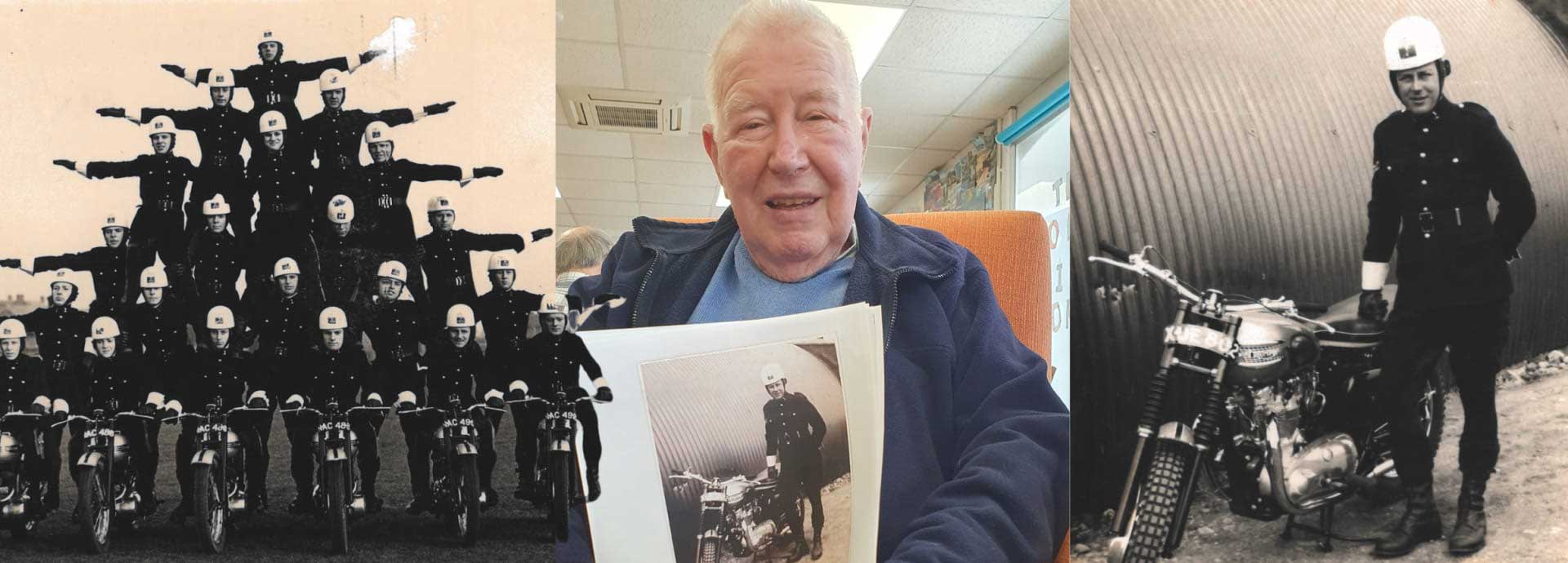 Three pictures showing Roy, a member of Old Silk Works club, as a member of the Police bike display team, sitting in a chair with a picture of himself and a close up of that picture in uniform with his bike
