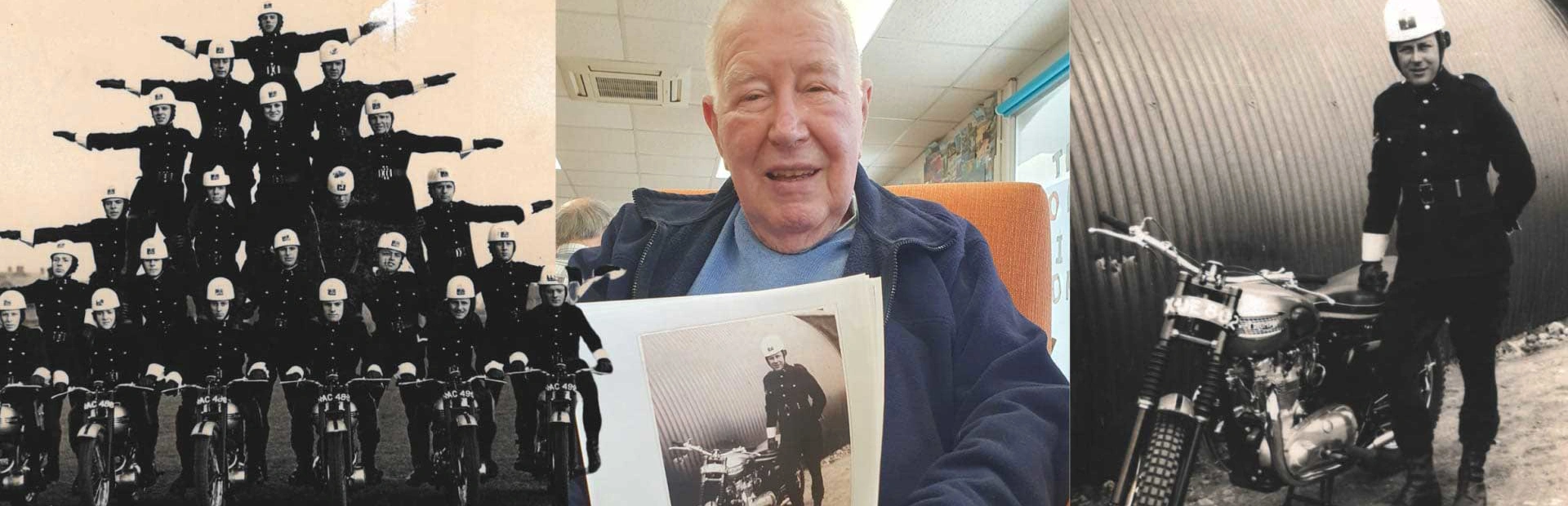 Three pictures showing Roy, a member of Old Silk Works club, as a member of the Police bike display team, sitting in a chair with a picture of himself and a close up of that picture in uniform with his bike Three pictures showing Roy, a member of Old Silk Works club, as a member of the Police bike display team, sitting in a chair with a picture of himself and a close up of that picture in uniform with his bike