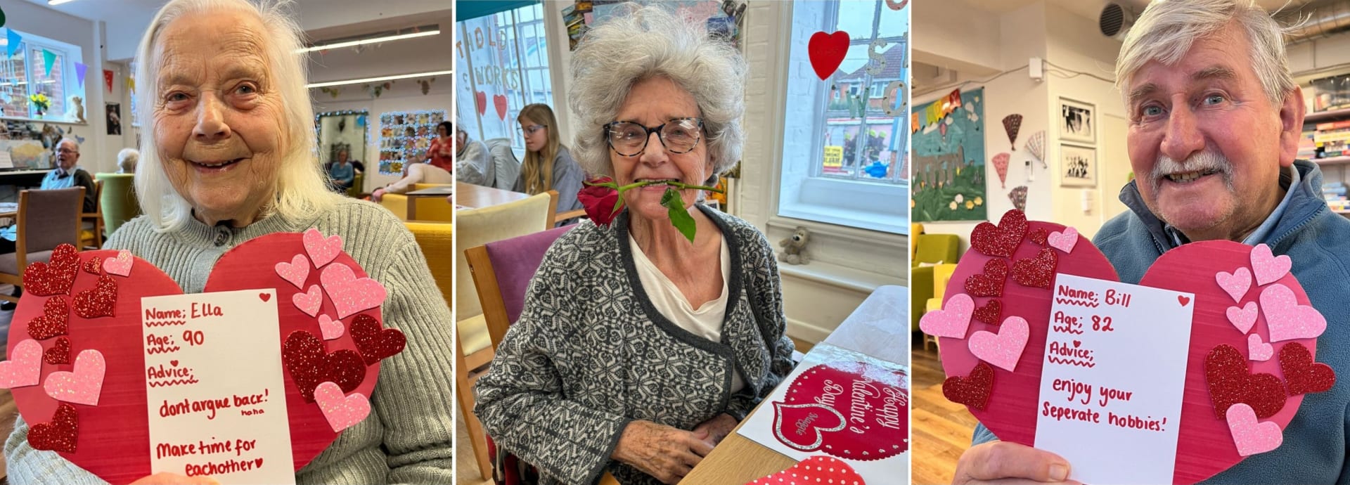 Triple picture showing three older members of our clubs holding Valentines advice cards and one lady with a rose in her teeth