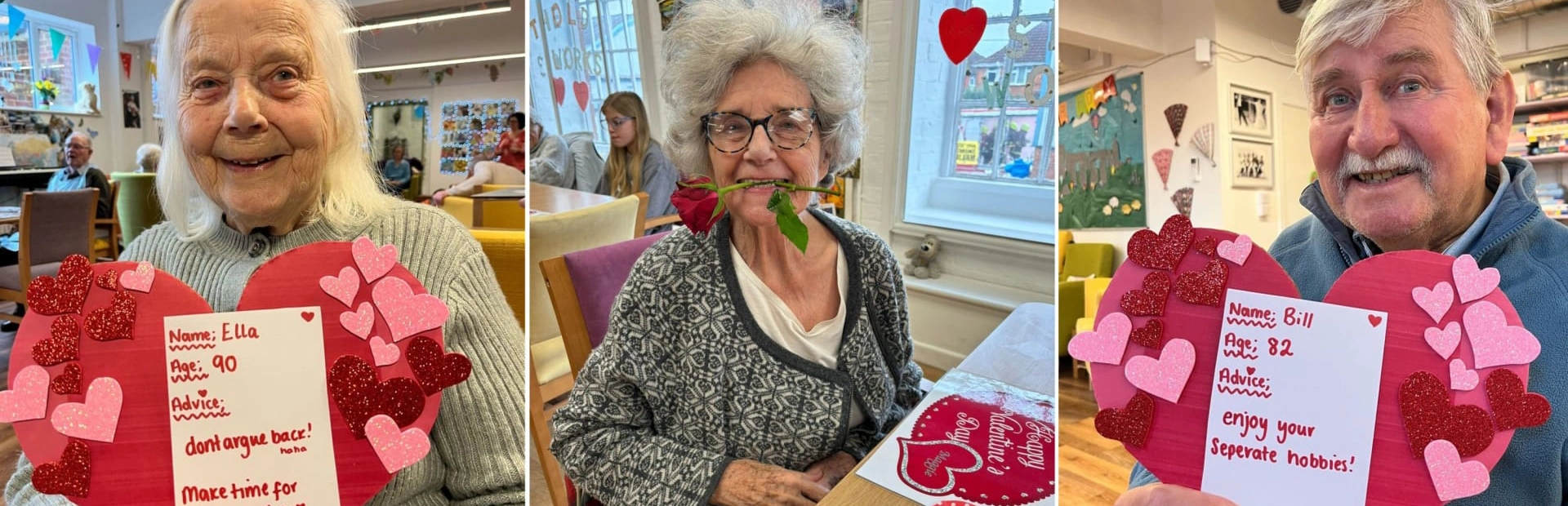 Triple picture showing three older members of our clubs holding Valentines advice cards and one lady with a rose in her teeth Triple picture showing three older members of our clubs holding Valentines advice cards and one lady with a rose in her teeth